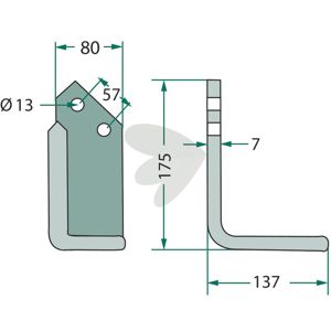 Rotavator Knife Howard etc. c-c 57mm hole 13mm in the group Wearing Parts / Soil Cultivation / Rotary Tiller at Sagro.se (180HOW-04RHV)