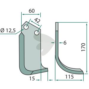 Rotavator knife Sicma (Miglianico) c-c 42mm hole 12.5mm in the group Wearing Parts / Soil Cultivation / Rotary Tiller at Sagro.se (180SIM-04RHV)
