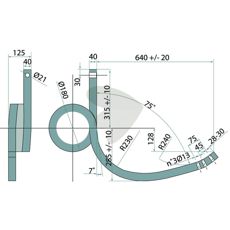 Pin heavy cultivator left, twisted 640X310X180mm