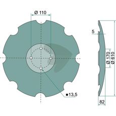 Disc toothed 610x5mm 4 fastening holes