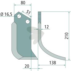 Rotary cultivator knife  Howard / Kongskilde c-c 51mm hole 16.5mm