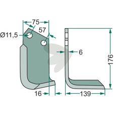 Rotary tiller knife Agric c-c 57mm hole 11.5mm