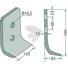Rotavator knife Mulag c-c 60mm hole 16.5mm