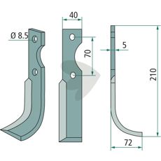 Rotavator knife Adriatica c-c 70mm hole 8.5mm
