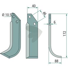 Rotavator knife Adriatica c-c 46mm hole 10.5mm