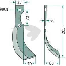 Rotavator knife Adriatica c-c 70mm hole 8.5mm