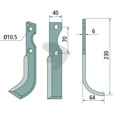 Rotavator knife Left Adriatica c-c 70mm hole 10.5mm