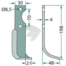 Rotary Tiller Knife Agria c-c 70mm hole 8.5mm