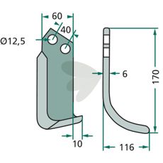 Rotary Tiller Blade Maschio, Breviglieri c-c 40mm hole 12.5mm
