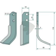 Rotavator knife Carraro (Antonio) c-c 45mm hole 12.5mm