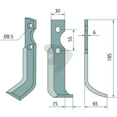 Rotavator knife Carraro (Antonio) c-c 55mm hole 8.5mm