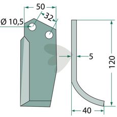 Rotavator knife Comeb c-c 32mm hole 10.5mm