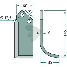Rotavator knife M.E.A.A.T. c-c 42mm hole 12.5mm