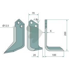 Rotavator knife Dondi c-c 40mm hole 12.5mm