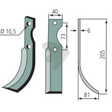 Rotavator Knife Eurosystems c-c 73mm hole 10.5mm