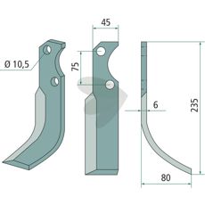 Rotary tiller knife Fort c-c 75mm hole 10,5mm