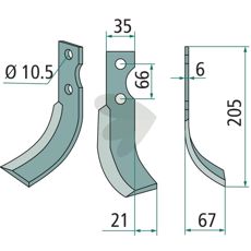 Rotavator Knife Grillo (Pinza) c-c 66mm hole 10.5mm