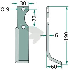 Rotavator Knife Hako c-c 72mm hole 9mm