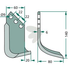 Rotavator Knife Holder c-c 22mm hole 9mm