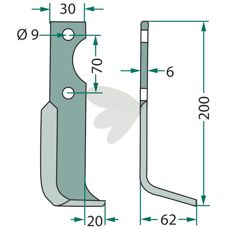 Rotavator Knife Right Honda c-c 70mm hole 9mm
