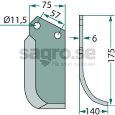 Rotavator Knife Howard / Kongskilde c-c 57mm hole 11.5mm