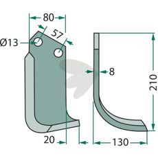 Rotavator Knife Howard / Kongskilde c-c 57mm hole 13mm