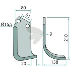Rotavator Knife Howard / Kongskilde c-c 51mm hole 16.5mm