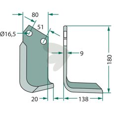 Rotary Hoe Knife Howard / Kongskilde c-c 51mm hole 16.5mm