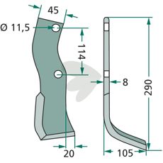 Rotary Hoe Knife Howard / Kongskilde c-c 114mm hole 11.5mm