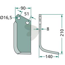 Rotary Hoe Knife Howard / Kongskilde c-c 51mm hole 16.5mm