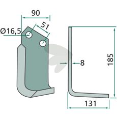 Rotary Hoe Knife Howard / Kongskilde c-c 51mm hole 16.5mm