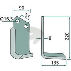 Rotary Hoe Knife Howard / Kongskilde c-c 51mm hole 16.5mm