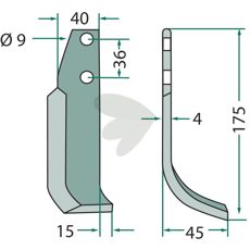Rotavator knife Tielbrger c-c 36mm hole 9mm