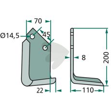 Rotavator knife Maletti et al. c-c 45mm hole 14.5mm
