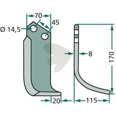Rotavator knife Maletti et al. c-c 45mm hole 14.5mm