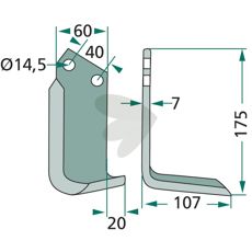 Rotavator knife Maletti, Kverneland c-c 40mm hole 14.5mm