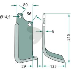 Rotavator knife Maschio c-c 56mm hole 14.5mm