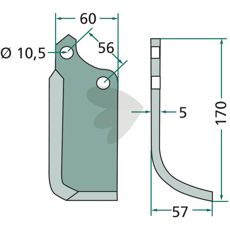 Rotavator knife Maschio c-c 56mm hole 10.5mm