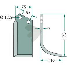 Rotary tiller knife Left Nardi c-c 55mm hole 12.5mm