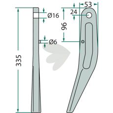 Rotary harrow tooth Amazone etc. 53X335mm hole 16mm