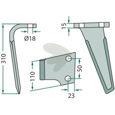 Rotor harrow tine Maletti and others 110X310mm hole 18mm