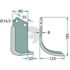 Rotavator knife Sicma (Miglianico) c-c 55mm hole 14.5mm