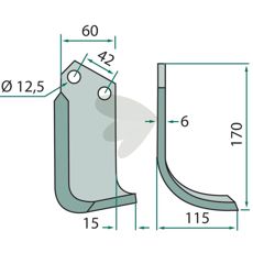 Rotavator knife Sicma (Miglianico) c-c 42mm hole 12.5mm