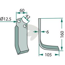 Rotavator knife Sicma (Miglianico) c-c 42mm hole 12.5mm