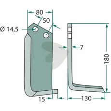 Rotavator knife Sicma (Miglianico) c-c 50mm hole 14.5mm