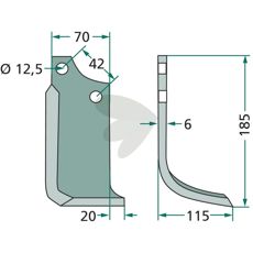 Rotavator knife Sicma (Miglianico) c-c 42mm hole 12.5mm