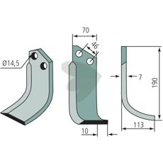 Rotavator Knife Muratori c-c 46mm hole 14.5mm