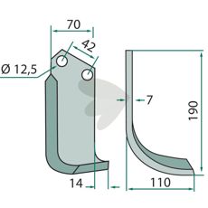 Rotavator Knife Tortella c-c 42mm hole 12.5mm