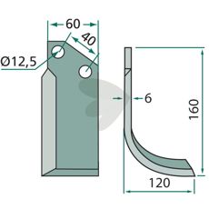 Rotavator Knife Tortella c-c 40mm hole 12.5mm