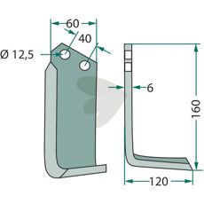Rotavator Knife Tortella c-c 40mm hole 12.5mm